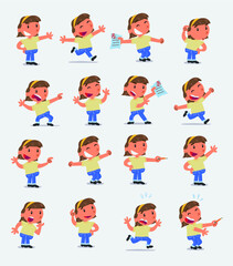 Cartoon character white little girl. Set with different postures, attitudes and poses, doing different activities in isolated vector illustrations