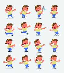 Cartoon character white little girl. Set with different postures, attitudes and poses, doing different activities in isolated vector illustrations