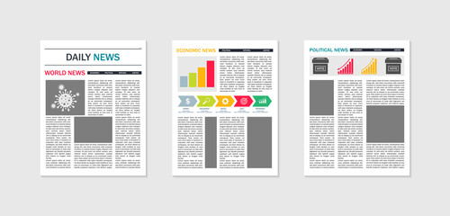 Newspaper mockup. Template of paper news. Tabloid of news. Magazine with articles and text. Layout of page of journal in front. Design of cover for press. Headline of advertising on poster. Vector