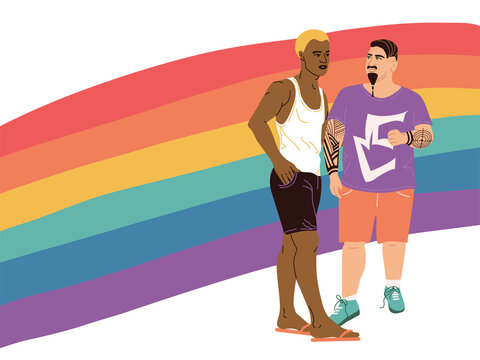 A poster with a couple of homosexuals in front of the flag of the LGBT community. Gay couple African American and white hipster with tattoo on arm. Lgbt communities poster concept. Men in love
