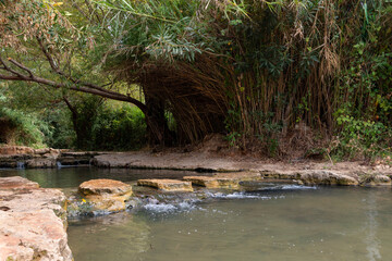 The swift,  shallow, cold mountain Ayun river in the Galilee in northern Israel