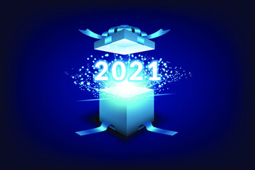 Happy New Year 2021 text design. Vector greeting illustration with shining white blue. Box design with 3D typography.