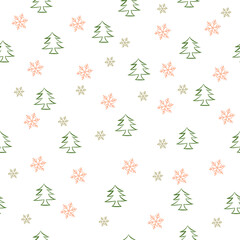 Fototapeta na wymiar Winter background wtih snowflakes and pine trees, seamless pattern