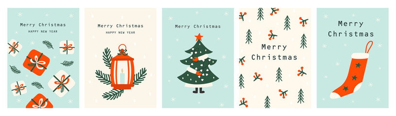 Set Christmas cards with Christmas tree,  christmas elements. Vecto - 396334145