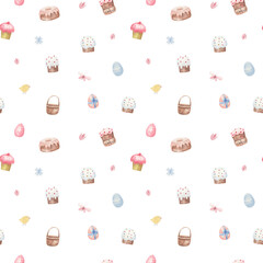 seamless pattern with easter elements, Easter cakes, paski, baskets, watercolor illustration childish