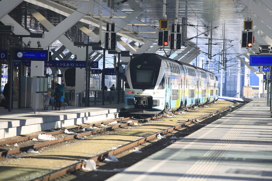 vienna /austria - Feburby 3 2019: westbahn train arrive in train station. WESTbahn Management GmbH is an open access railway company operating express train services  in austria