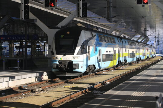 vienna /austria - Feburby 3 2019: westbahn train arrive in train station. WESTbahn Management GmbH is an open access railway company operating express train services  in austria
