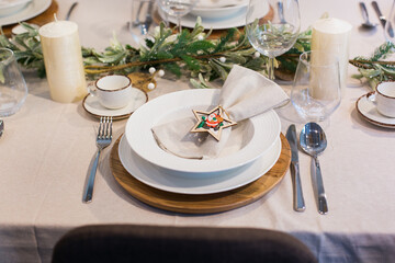 Christmas, new year table setting for celebration holidays