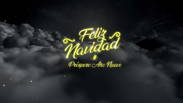 Magical festive motion graphic night scene floating above the clouds as a glittering and magical trail of sparkling particles reveal the message �Feliz Navidad y Prespero Ano Nuevo�