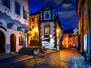 Cesky Krumlov. Czech Republic. Evening antique lane in old medieval town. Picturesque landscape...