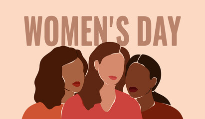 Women's day card of Three beautiful females with different skin colors stand together. Abstract minimal portrait of girls face to face. Concept of sisterhood and friendship. Vector illustration