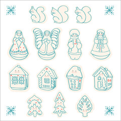 Winter Christmas Decoration Kawaii Toys. Vector Illustration Set. Brush Pen Design. Home Decor, Gift, Wrapping Paper, Fabric. Vector EPS 10 Design.