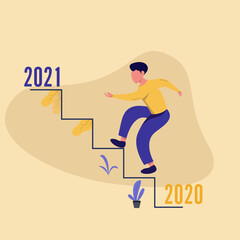 Background vector illustration,. people are currently on the stairs leading up to 2021. flat design style.