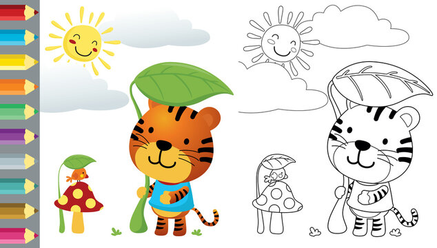 Cartoon of funny tiger and little bird hiding from blazing sun using leaf, coloring book or page