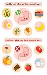 Healthy and avoid food if you have stomach ulcer infographics. Prevention of stomach diseases. Medicine concept. Vector illustration