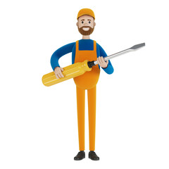 Master for an hour with a big screwdriver. Builder. 3D illustration in cartoon style.