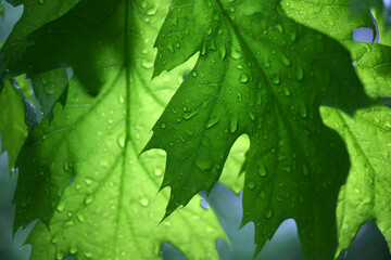 Young green leaves of an oak during a rain. Rear view. A background in green colors.