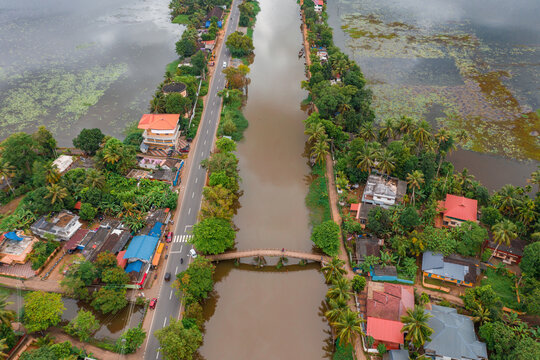 Aerial view of the backwaters, Kerala, India.