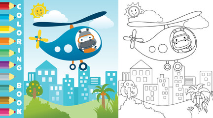 coloring page or book with vector cartoon of helicopter with cute pilot
