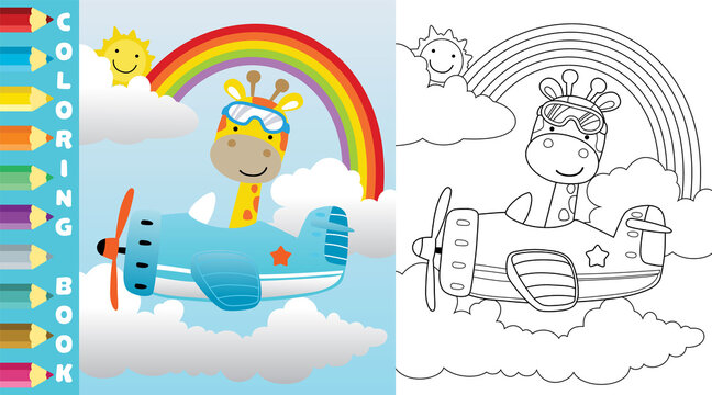 Coloring Page Or Book With Cartoon Of Giraffe Ride On Plane On Rainbow Background