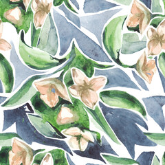 wattercolor pattern with Jasmine flowers and leaves on blue background.