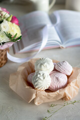 Homemade colored marshmallow in a basket