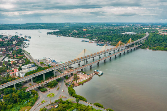 Aerial view of Atal Setu bridge over the Mandovi river, Panjim, Goa, India.