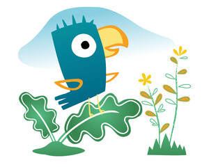 vector of little bird cartoon perch on leaf