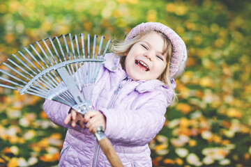 Little toddler girl working with rake in autumn garden or park. Adorable happy healthy child having...