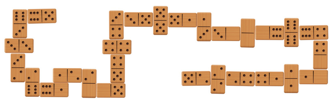 Domino line after play, complete finished game set with all 28 wooden pieces or bones. Isolated vector illustration on white background.
