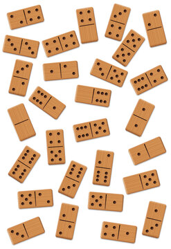 Dominos, scattered, shuffled, mixed up,loosely arranged messy set of 28 wooden tiles. Isolated vector illustration on white background.
