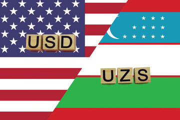 USA and Uzbekistan currencies codes on national flags background