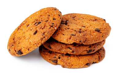 Pile of chocolate chip cookies isolated on white background
