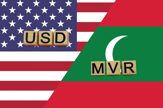 USA and Maldives currencies codes on national flags background