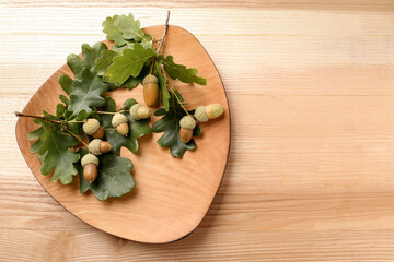 Acorns and oak leaves on wooden table, top view. Space for text