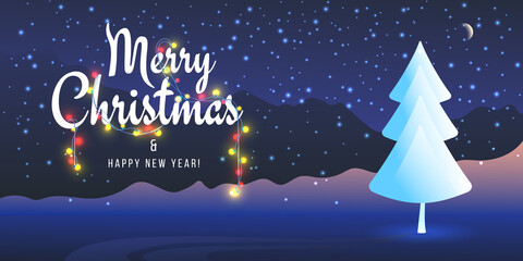 Merry Christmas holiday postcard, 2021 banner. Happy New Year, starry snowy night with abstract Christmas tree. Handmade text with garlands, New Year's fairy tale.
