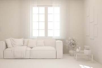 White living room with sofa. Scandinavian interior design. 3D illustration