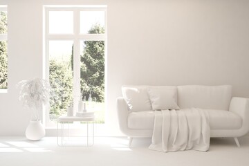 White living room with sofa and summer landscape in window. Scandinavian interior design. 3D illustration