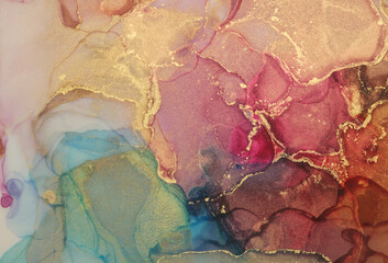 Art Abstract watercolor flow blot painting. Color canvas marble texture background. Gold glitter Alcohol ink.