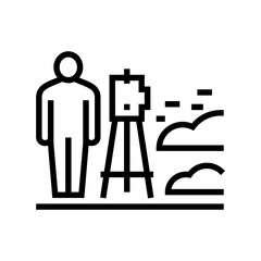 worker with lever researching place for building road line icon vector. worker with lever researching place for building road sign. isolated contour symbol black illustration