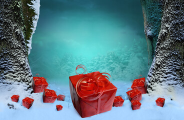Big red gift box and many small boxes around on the snow in blurry hazy winter forest background with snowy trees. Scene for  New Year