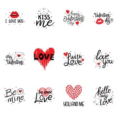 Set of hand drawn vector lettering quotes for Valentine's Day. Miss you. Happy Valentine's Day. Be My Valentine. I love you.