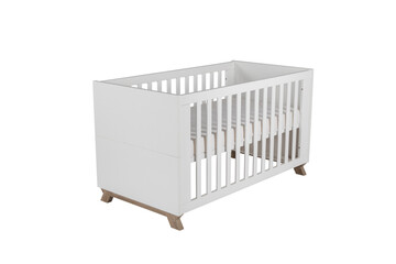 Baby nursery white wooden bed with white background