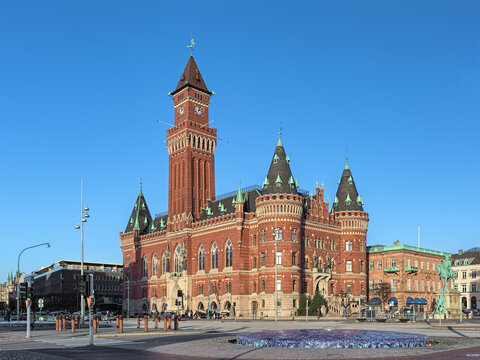 Helsingborg, Sweden. City Hall and monument to field marshal Magnus Stenbock.