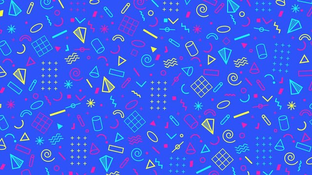 Abstract 4k animation of a retro pattern background with geometrical shapes and lines. 80s 90s Memphis style. Cyan, yellow, magenta and neon green color palette.