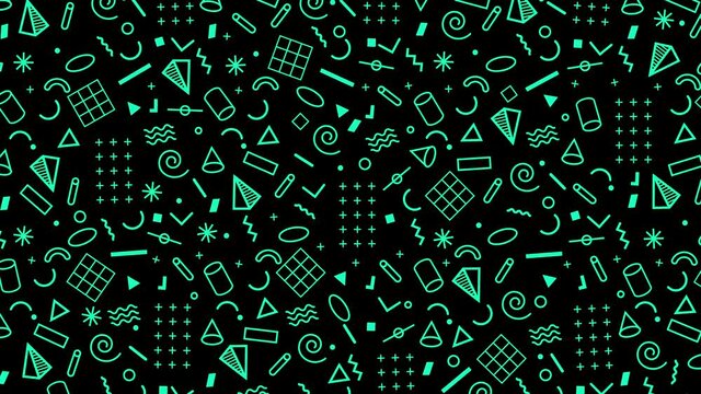 Abstract 4k animation of a retro pattern background with geometrical shapes and lines. 80s 90s Memphis style. Black and neon green color palette.