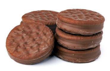 Chocolate cookies in glaze isolated on white background