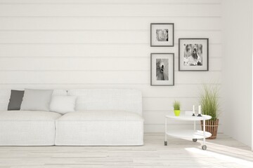 White living room with sofa. Scandinavian interior design. 3D illustration