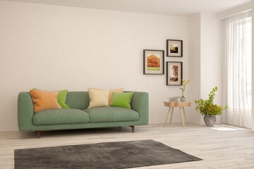 White living room with sofa. Scandinavian interior design. 3D illustration