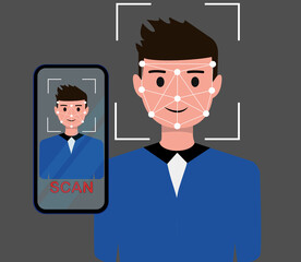Face ID, face recognition, biometric identification, personal verification, identity detection. 3d face scanner with a smartphone. Vector illustration.